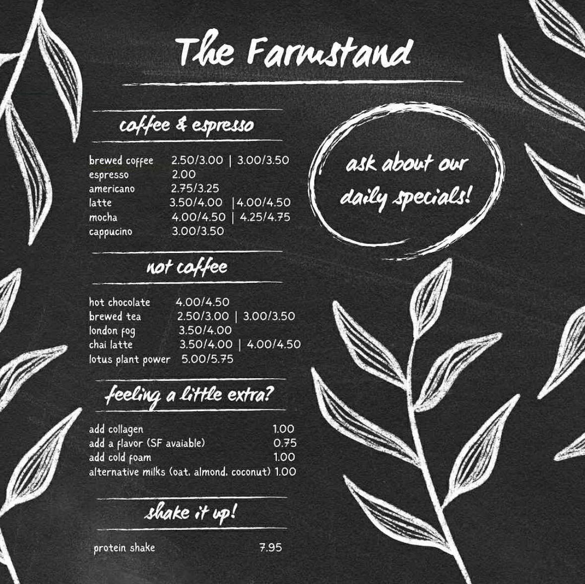 The Farmstand drink menu featuring coffee, espresso, and specialty drinks